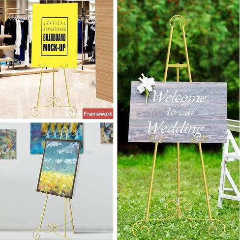 46" H Metal Round Tube Scroll Display Easel, Vintage Gold Decorative Large Adjustable Floor Standing Easel with Chain Support, Perfect for Showcasing Pictures, Artwork, Picture Frame Wedding Sign Etc in Kuwait