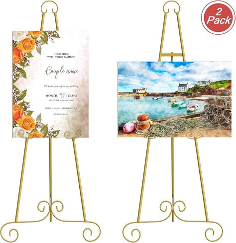 46" H Metal Round Tube Scroll Display Easel, Vintage Gold Decorative Large Adjustable Floor Standing Easel with Chain Support, Perfect for Showcasing Pictures, Artwork, Picture Frame Wedding Sign Etc in Kuwait