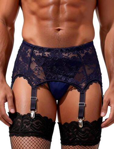 ohmydear Men's Floral Lace Garter Belt with 6 Metal Clips Sexy Femboy Thigh Garters See Through Sissy Clothes for Men Outfits in Kuwait