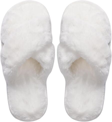 Women’s Fuzzy Open Toe Slippers – Soft Cross Band Memory Foam House Shoes, Lightweight Indoor Outdoor Slide Sandals, Faux Fur Lined Cozy Bedroom Slippers, Non-Slip Home Shoes, in Saudi Arabia