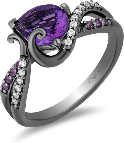Jewelili Enchanted Disney Fine Jewelry Black Rhodium over Sterling Silver with 1/10 CTTW Diamond and Amethyst Ursula Ring in Kuwait