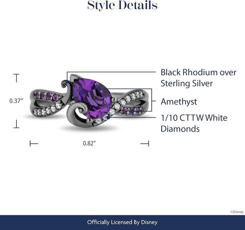 Jewelili Enchanted Disney Fine Jewelry Black Rhodium over Sterling Silver with 1/10 CTTW Diamond and Amethyst Ursula Ring in Kuwait