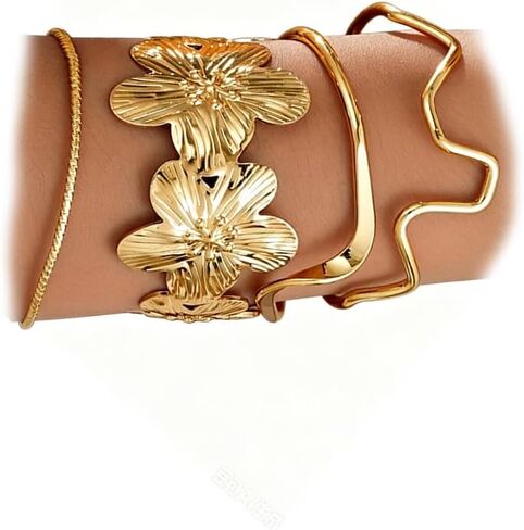 Gold Chunky Stackable Flower Bangle for Women,Trendy Boho Floral Open Cuff Bracelet Set,Fashion Spring Outfit Accessories Birthday Jewelry Gift in Saudi Arabia