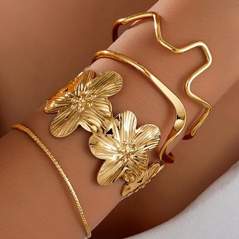 Gold Chunky Stackable Flower Bangle for Women,Trendy Boho Floral Open Cuff Bracelet Set,Fashion Spring Outfit Accessories Birthday Jewelry Gift in Saudi Arabia