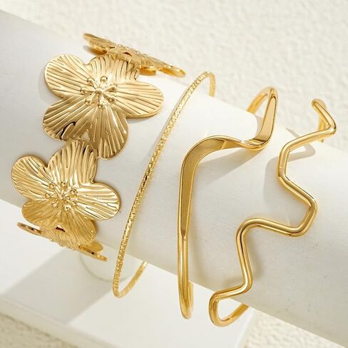 Gold Chunky Stackable Flower Bangle for Women,Trendy Boho Floral Open Cuff Bracelet Set,Fashion Spring Outfit Accessories Birthday Jewelry Gift in Saudi Arabia