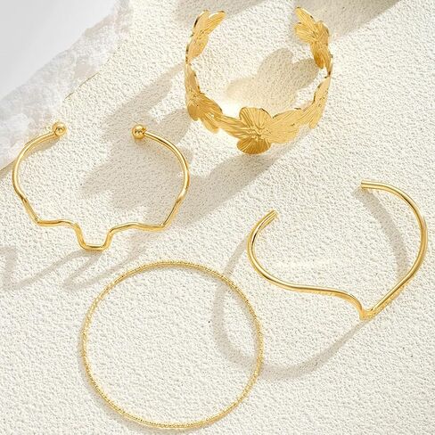 Gold Chunky Stackable Flower Bangle for Women,Trendy Boho Floral Open Cuff Bracelet Set,Fashion Spring Outfit Accessories Birthday Jewelry Gift in Saudi Arabia