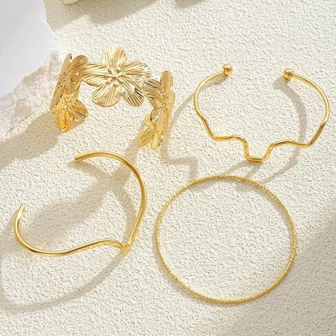 Gold Chunky Stackable Flower Bangle for Women,Trendy Boho Floral Open Cuff Bracelet Set,Fashion Spring Outfit Accessories Birthday Jewelry Gift in Saudi Arabia