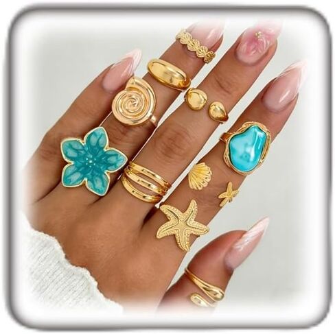 Boho Stackable Chunky Statement Rings for Women,Vintage Flower Baroque Pearl Knuckle Ring Set,Dainty Shell Jewelry Tropical Holiday Accessories in Saudi Arabia