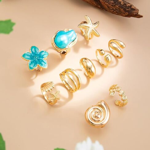 Boho Stackable Chunky Statement Rings for Women,Vintage Flower Baroque Pearl Knuckle Ring Set,Dainty Shell Jewelry Tropical Holiday Accessories in Saudi Arabia