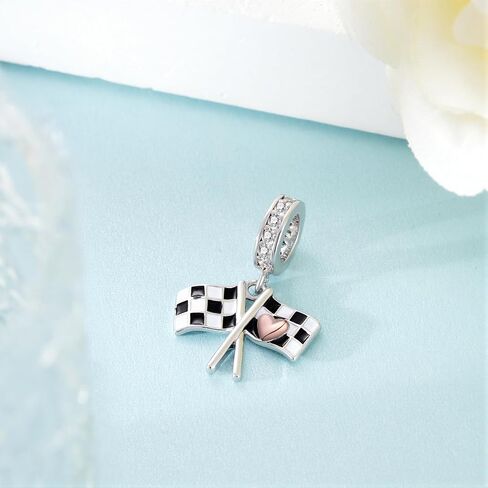 Racing Charms 925 Sterling Silver Checkered Flag Charm for Bracelets Race Car Jewelry Gifts for Racing Fans in Saudi Arabia