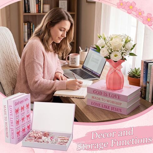 novabright 4 قطع الكتب الزخرفية القوس الوردي ومجموعة زهرية، ديكور غرفة Coquette كتب وهمية كريستيان Preppy صندوق تخزين مغناطيسي هدايا الكتاب المقدس آية الكتاب المقدس لطيف فو كومة كتاب لرف الكتب ديكور المنزل in Kuwait