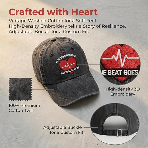 Heart Surgery Survivor Recovery Gifts for Men Women-The Beat Goes On Trendy Embroidered Washed Baseball Cap,Black in Saudi Arabia