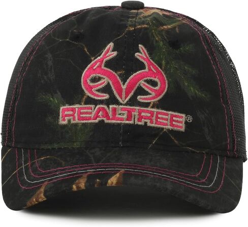 قبعة Realtree Pink Logo Camo Trucker - قبعة صيد بيسبول للسيدات، شبكة خلفية، حزام قابل للتعديل، مقاس واحد in Kuwait