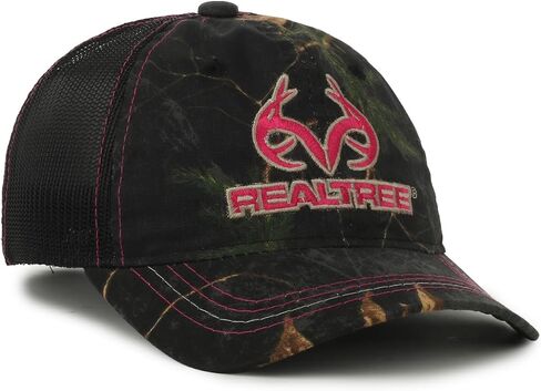 قبعة Realtree Pink Logo Camo Trucker - قبعة صيد بيسبول للسيدات، شبكة خلفية، حزام قابل للتعديل، مقاس واحد in Kuwait