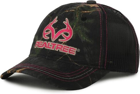 قبعة Realtree Pink Logo Camo Trucker - قبعة صيد بيسبول للسيدات، شبكة خلفية، حزام قابل للتعديل، مقاس واحد in Kuwait