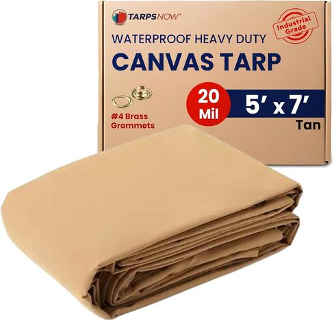 Tarps Now 6x10 Feet Waterproof Canvas Tarp|20 MIL Commercial Grade, Heavy Duty, Tear-Resistant, Rustproof Brass Grommets, Reinforced Edges| Ideal for Construction, Trucking, Manufacturing –Tan Color in Kuwait