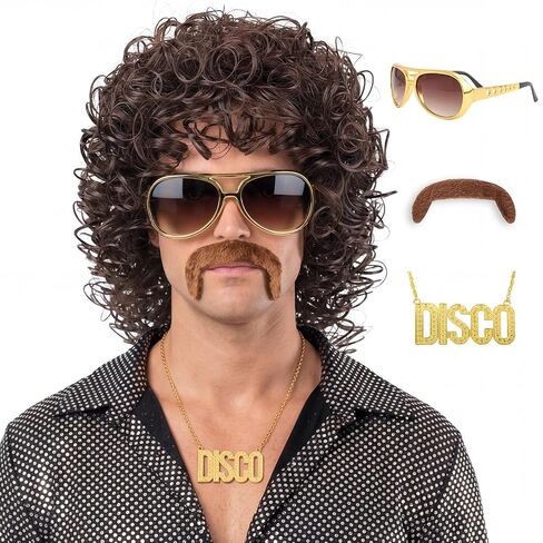 70s Wig for Men Funny Disco Hippie Wigs for Halloween Costume Party Short Brown Culry Wigs with Glasses Mustache Necklace (Brown) in Saudi Arabia