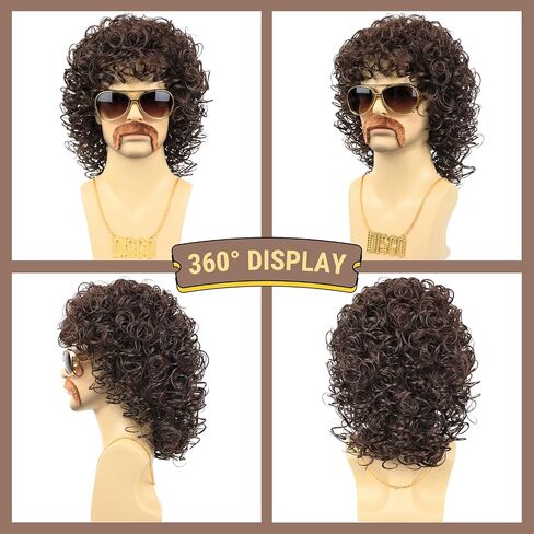 70s Wig for Men Funny Disco Hippie Wigs for Halloween Costume Party Short Brown Culry Wigs with Glasses Mustache Necklace (Brown) in Saudi Arabia