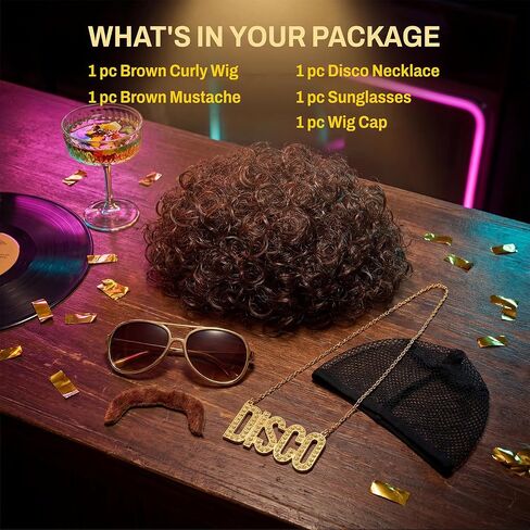 70s Wig for Men Funny Disco Hippie Wigs for Halloween Costume Party Short Brown Culry Wigs with Glasses Mustache Necklace (Brown) in Saudi Arabia