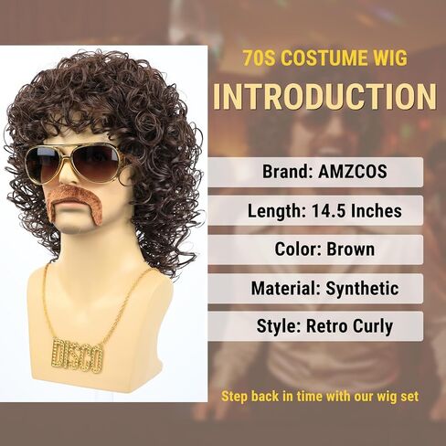 70s Wig for Men Funny Disco Hippie Wigs for Halloween Costume Party Short Brown Culry Wigs with Glasses Mustache Necklace (Brown) in Saudi Arabia