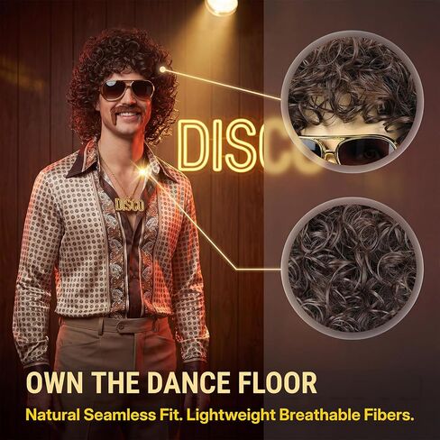 70s Wig for Men Funny Disco Hippie Wigs for Halloween Costume Party Short Brown Culry Wigs with Glasses Mustache Necklace (Brown) in Saudi Arabia
