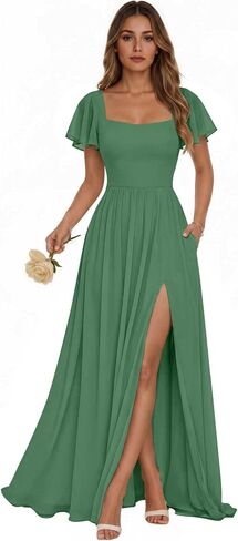 Women's Chiffon Bridesmaid Dresses for Wedding V-Neck Long Formal Evening Gown with Pockets in Saudi Arabia