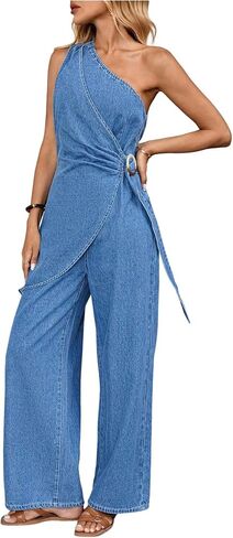 OYOANGLE Women's One Shoulder Sleeveless Denim Jumpsuits Knot Side Wrap Straight Leg Jean Overalls in Kuwait