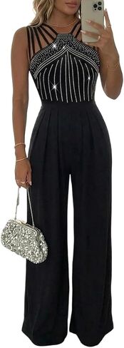 Women's One Piece Jumpsuit Spaghetti Strap Rhinestone High Waisted Ruched Wide Leg Jumpsuits Evening Romper in Kuwait