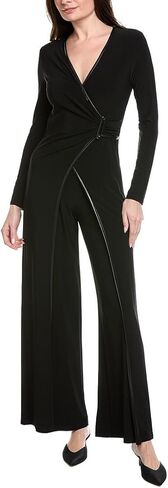 Joseph Ribkoff Womens Faux-Leather Trim Overlay Jumpsuit, 12, Black in Saudi Arabia