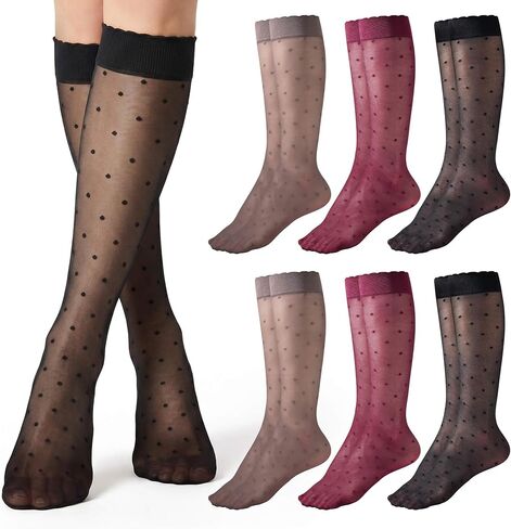 Jeasona 6 Pairs Polka Dot Knee High Stockings for Women, Sheer Nylon Knee Socks with Soft Cuff, Thin Dress Hosiery Socks in Saudi Arabia