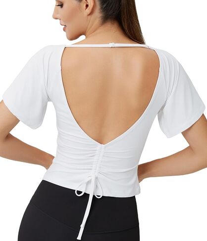 Women’s Open Back Workout Top with Adjustable Strap – Short Sleeve Ruched Yoga Crop Shirt for Daily Wear in Saudi Arabia
