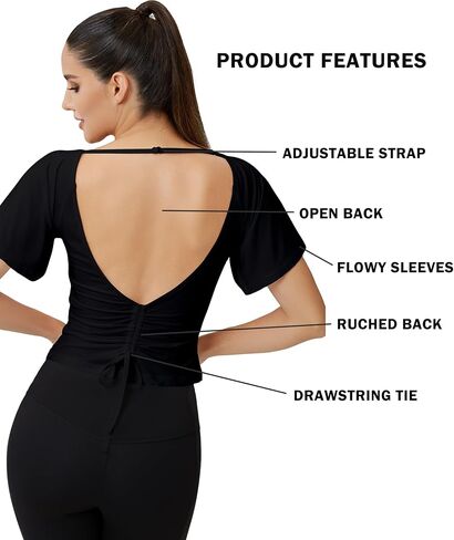 Women’s Open Back Workout Top with Adjustable Strap – Short Sleeve Ruched Yoga Crop Shirt for Daily Wear in Saudi Arabia