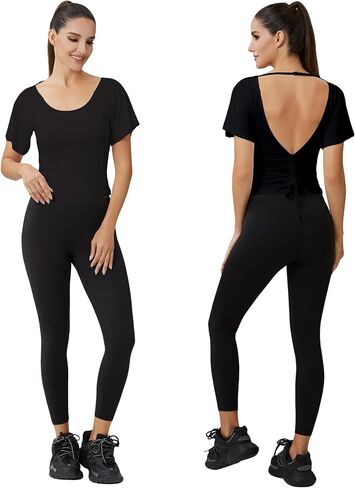 Women’s Open Back Workout Top with Adjustable Strap – Short Sleeve Ruched Yoga Crop Shirt for Daily Wear in Saudi Arabia
