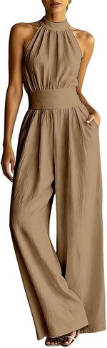 Jumpsuits For Women Summer High Neck Sleeveless Linen Overalls Tie Waist Slim Top Wide Leg Romper Elegant Outfits in Kuwait