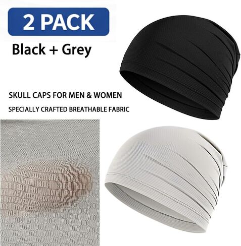 2 Pack Skull Caps for Men Women, Breathable Quick Dry Helmet Liner Beanie for Running Cycling Black,Grey in Kuwait