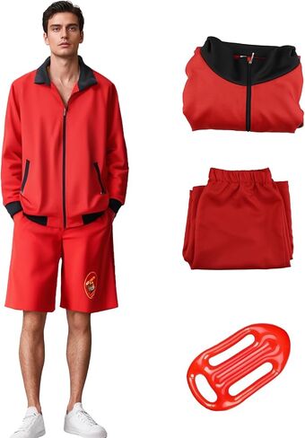 Lifeguard Costume Mens Beach Wear Red Zipper Jacket Top and Shorts Set Halloween Costume for Adult in Saudi Arabia