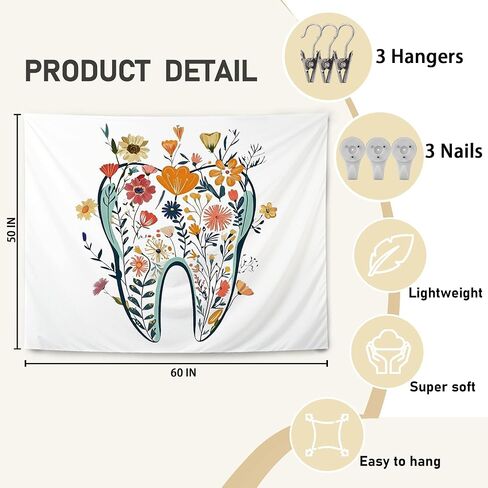 KBRCT Floral Tooth Tapestry, Dentist Appreciation Gifts Wall Tapestry for Office, Dental Gifts for Women Wall Hanging Decor for Home Bedroom Living Room Office, 50x60 Inch in Saudi Arabia