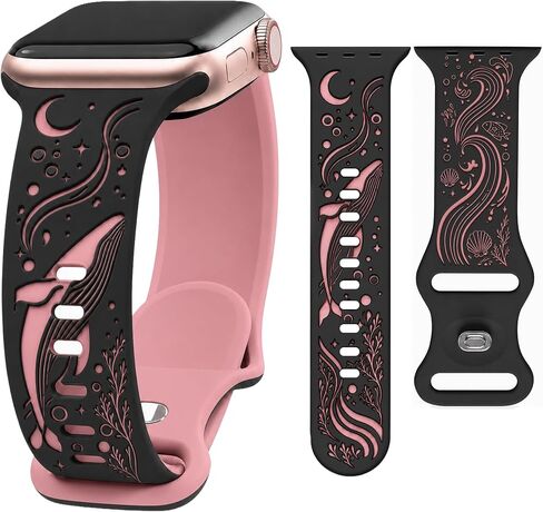 Whale Engraved Band Compatible with Apple Watch 38/40/41/42/44/45/46/49mm, Two-Layer Sculpted Ocean Design Soft Silicone Strap for Women, Series 11 10 SE Ultra 9 8 7 6 5 4 3 2 1 in Saudi Arabia