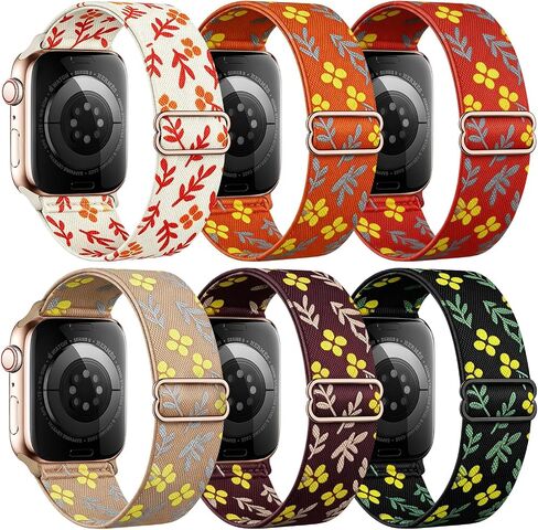 6Pack Stretchy Printed Nylon Bands Compatible for Apple Watch 38mm 40mm 41mm 42mm 44mm 45mm 49mm | Floral Checkered Aesthetic Lightweight Breathable Everyday Wear | Women Cute Replacement Wristband for iWatch SE Series 11 10 9 8 7 6 5 4 3 Ultra in Kuwait