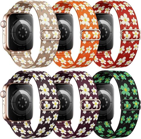 6Pack Stretchy Printed Nylon Bands Compatible for Apple Watch 38mm 40mm 41mm 42mm 44mm 45mm 49mm | Floral Checkered Aesthetic Lightweight Breathable Everyday Wear | Women Cute Replacement Wristband for iWatch SE Series 11 10 9 8 7 6 5 4 3 Ultra in Kuwait