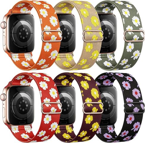 6Pack Stretchy Printed Nylon Bands Compatible for Apple Watch 38mm 40mm 41mm 42mm 44mm 45mm 49mm | Floral Checkered Aesthetic Lightweight Breathable Everyday Wear | Women Cute Replacement Wristband for iWatch SE Series 11 10 9 8 7 6 5 4 3 Ultra in Kuwait
