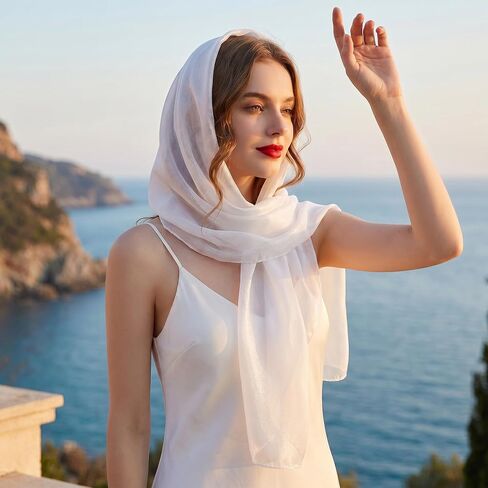 شالات بيضاء شفافة لفساتين السهرة وشاح صيفي للسيدات خفيف الوزن حريري أوشحة زفاف لحفلات الزفاف اليومية وحفلات السفر والشاطئ in Kuwait