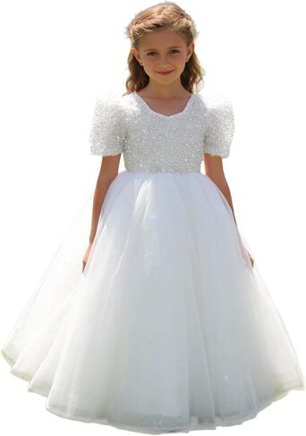 Girls Sparkly Sequin Flower Girl Dress with Puff Sleeves Tulle Ball Gown in Saudi Arabia