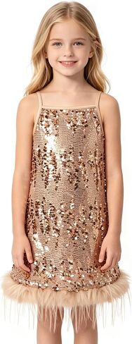 KARETT Girls Sequin A-Line Dress with Faux Fur Trim Sparkly Sleeveless Party Dress for Kids Birthday Holiday in Saudi Arabia