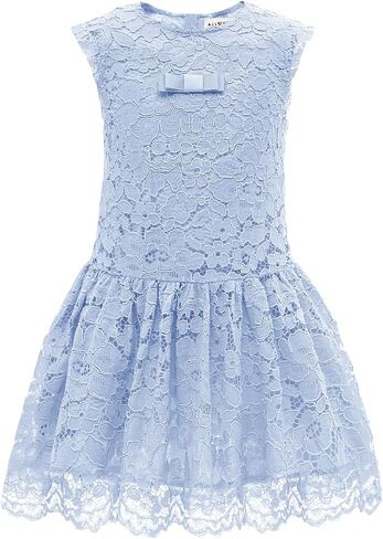 ALLOVIN Girls & Toddlers Lace Drop Waist A-Line Flower Girl Dress Sleeveless Wedding Birthday Party Dress with Bowknot 4-9Y in Saudi Arabia
