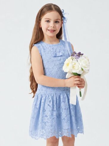 ALLOVIN Girls & Toddlers Lace Drop Waist A-Line Flower Girl Dress Sleeveless Wedding Birthday Party Dress with Bowknot 4-9Y in Saudi Arabia