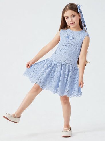 ALLOVIN Girls & Toddlers Lace Drop Waist A-Line Flower Girl Dress Sleeveless Wedding Birthday Party Dress with Bowknot 4-9Y in Saudi Arabia