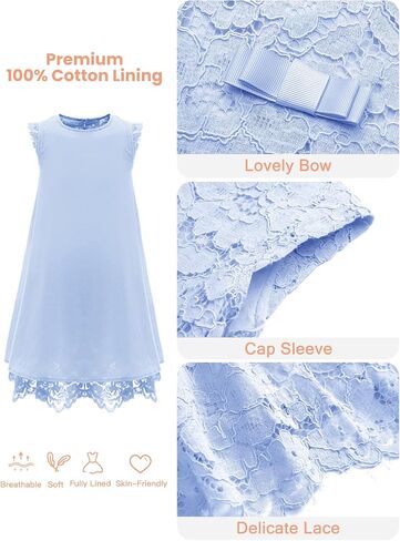 ALLOVIN Girls & Toddlers Lace Drop Waist A-Line Flower Girl Dress Sleeveless Wedding Birthday Party Dress with Bowknot 4-9Y in Saudi Arabia