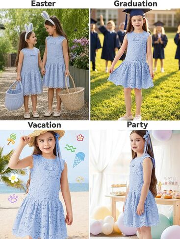 ALLOVIN Girls & Toddlers Lace Drop Waist A-Line Flower Girl Dress Sleeveless Wedding Birthday Party Dress with Bowknot 4-9Y in Saudi Arabia