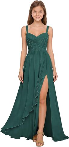 Junior Bridesmaid Dresses Long Ruffle Slit Chiffon Girls Evening Formal Dress Spaghetti Strap Chiffon Wedding Party in Saudi Arabia